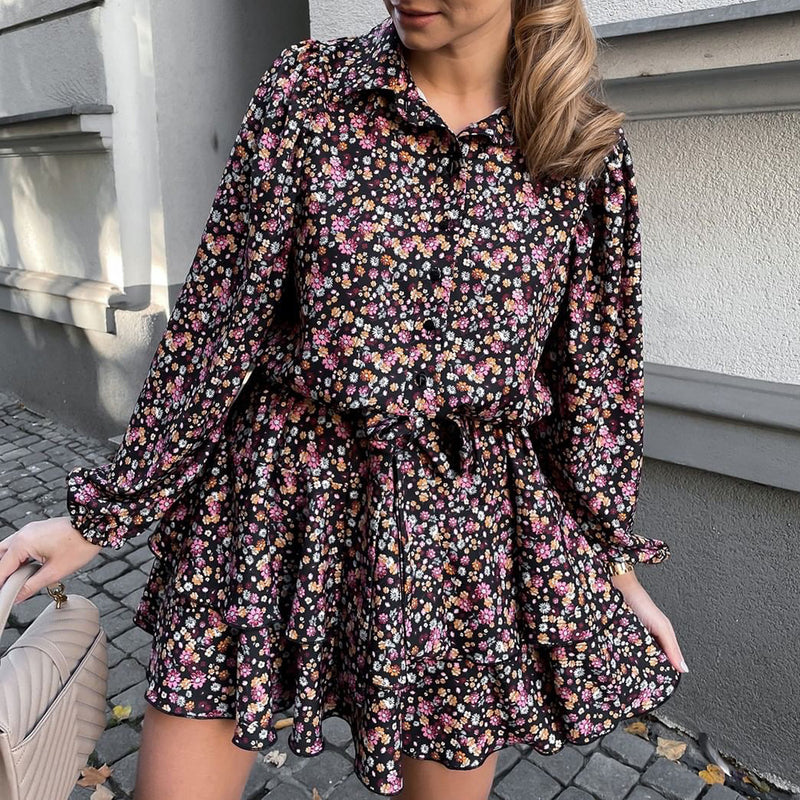 Long-Sleeved Lapel Casual Fashion Printed Dress With Big Swing
