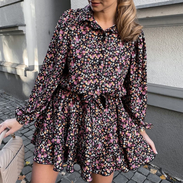 Long-Sleeved Lapel Casual Fashion Printed Dress With Big Swing