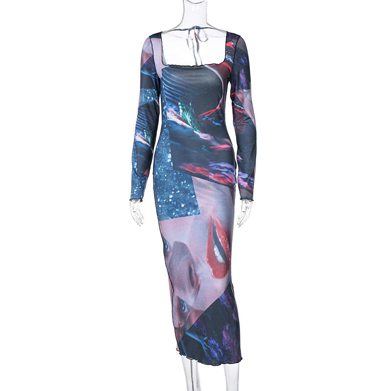 Printed Long Sleeve Mid-Length Dress